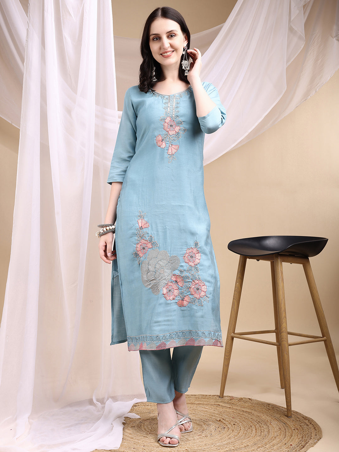Hand Embroidered Kurta With Pant & Embroidered Dupatta, Turquoise - Hiral Fashion