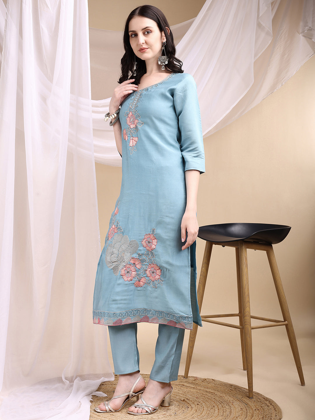 Hand Embroidered Kurta With Pant & Embroidered Dupatta, Turquoise - Hiral Fashion