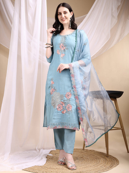 Hand Embroidered Kurta With Pant & Embroidered Dupatta, Turquoise - Hiral Fashion