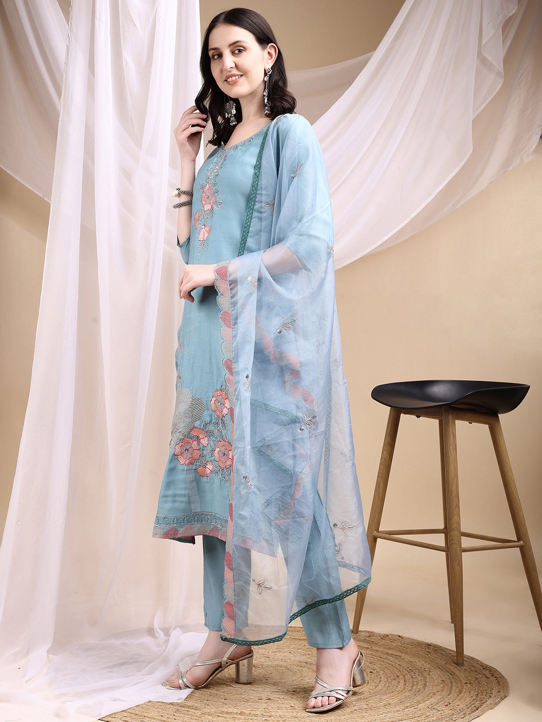 Hand Embroidered Kurta With Pant & Embroidered Dupatta, Turquoise - Hiral Fashion