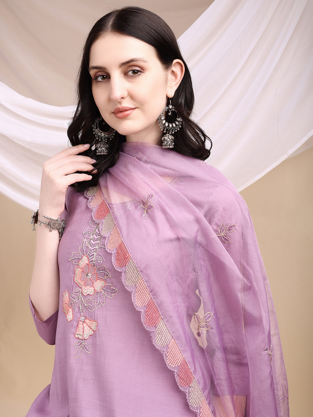Hand Embroidered Kurta With Pant & Embroidered Dupatta, Lavender - Hiral Fashion