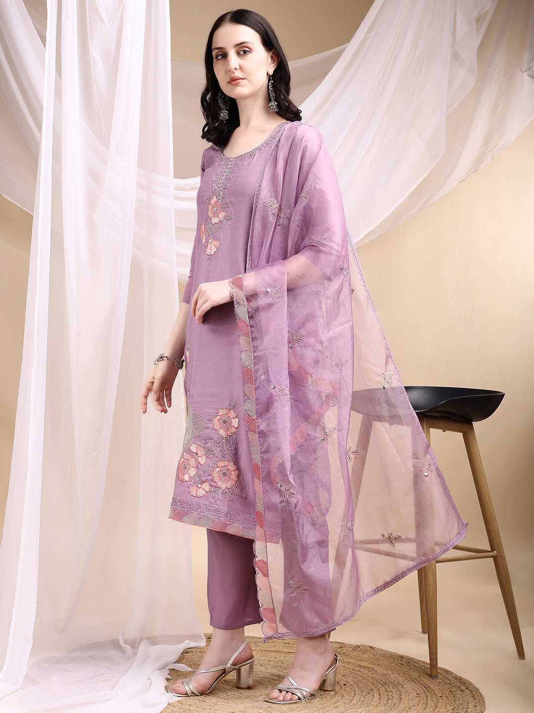 Hand Embroidered Kurta With Pant & Embroidered Dupatta, Lavender - Hiral Fashion