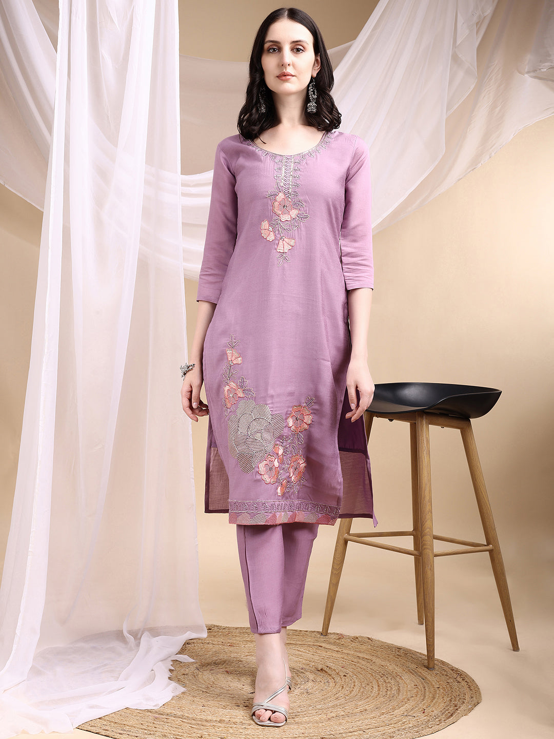 Hand Embroidered Kurta With Pant & Embroidered Dupatta, Lavender - Hiral Fashion