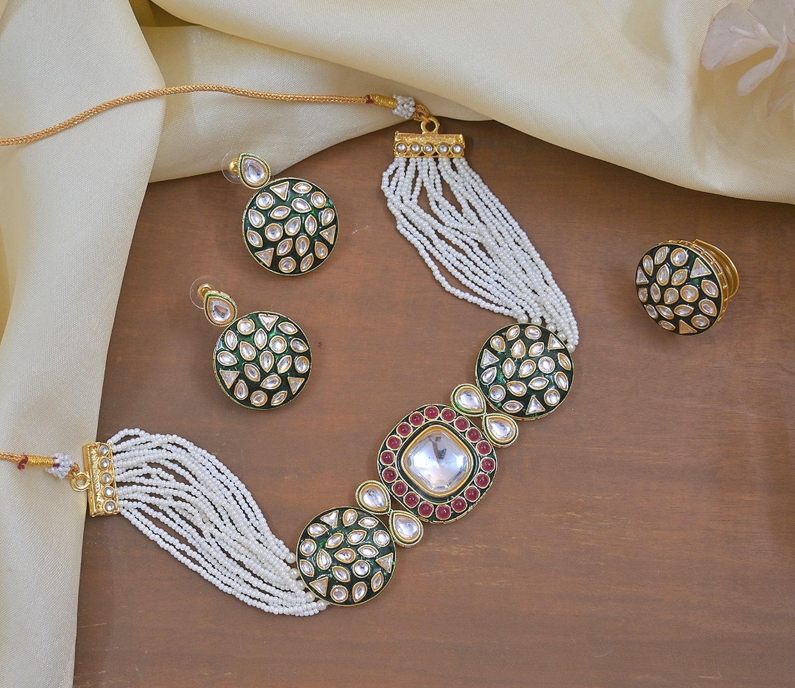 Jewel City Luxury Kundan Pearl Side Necklace Set - Handcrafted Indian Bridal Jewelry with Green Meenakari and Ruby Accents | Grab2Buy