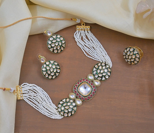 Jewel City Luxury Kundan Pearl Side Necklace Set - Handcrafted Indian Bridal Jewelry with Green Meenakari and Ruby Accents | Grab2Buy