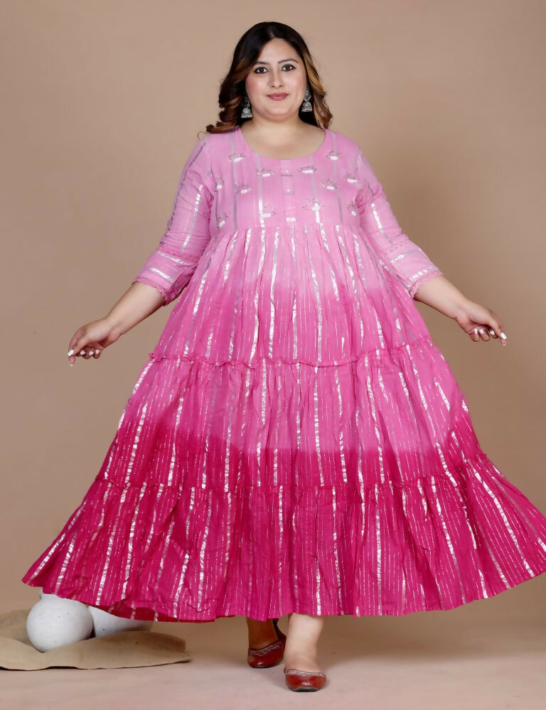 Miravan Women's Plus Size Cotton Embroidery And Lace Work Pink Party Wear Anarkali Kurta