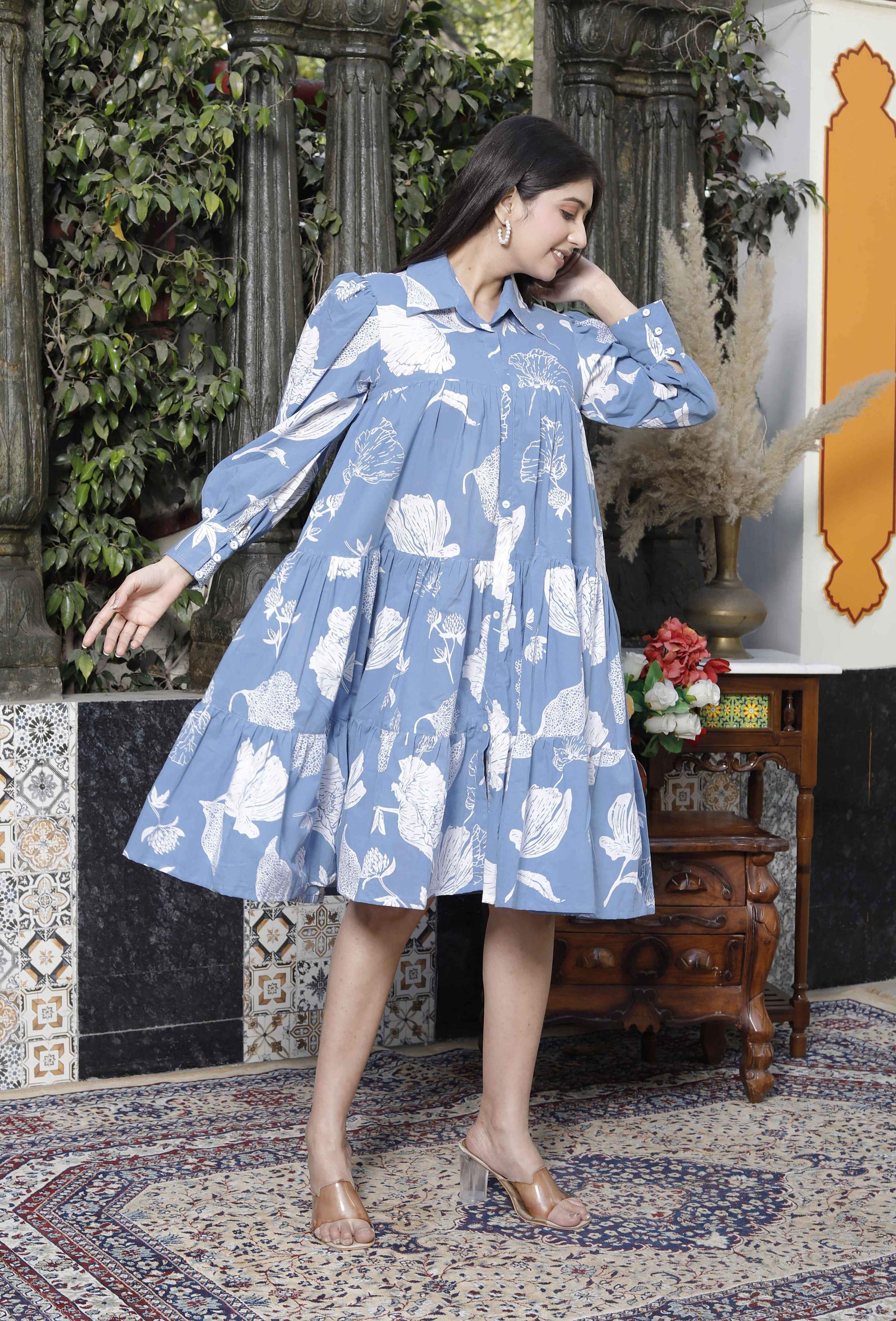 Miravan Women's Sky Blue Flower Printed Pure Cotton Collar Neck Loose Fit Tiered Fit And Flare Dress
