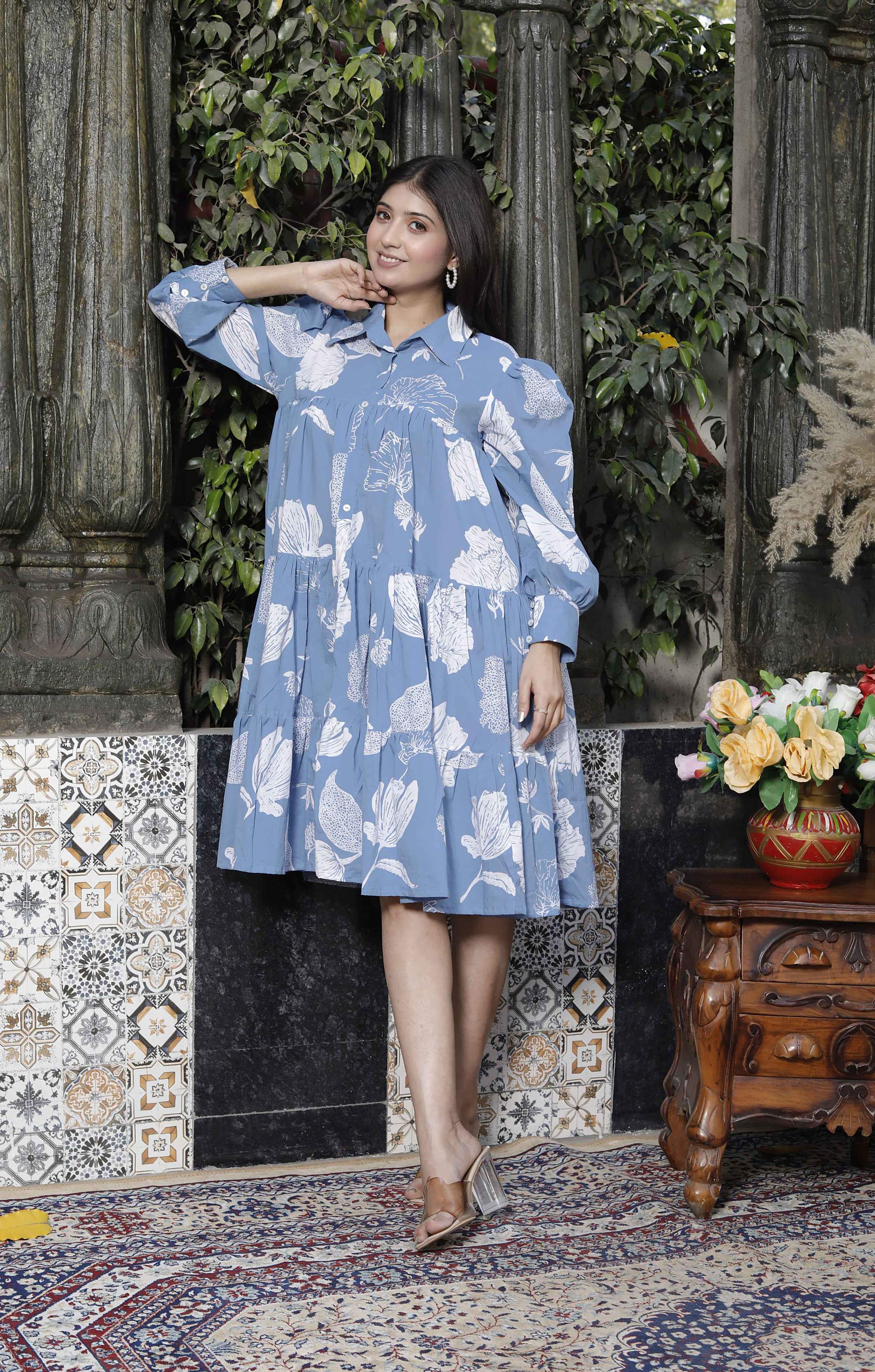 Miravan Women's Sky Blue Flower Printed Pure Cotton Collar Neck Loose Fit Tiered Fit And Flare Dress