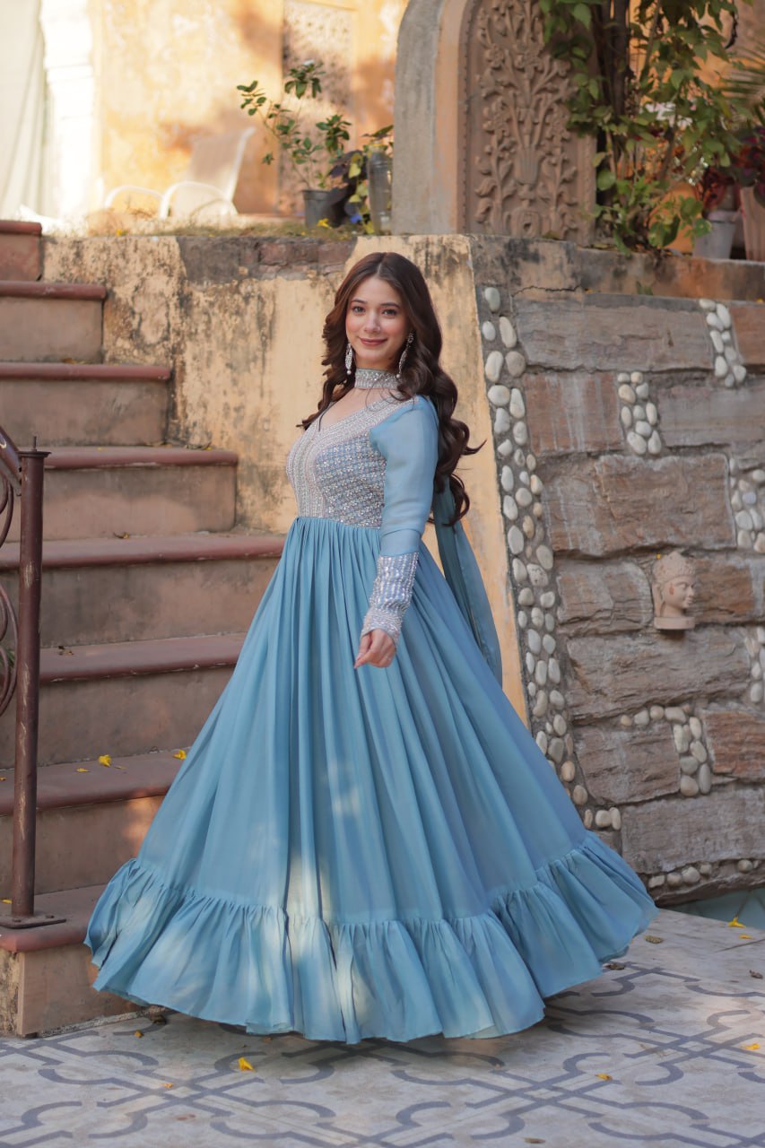 Evanik Sky Blue Star Georgette with Embroidery Beads Sequins-work Gown With Dupatta