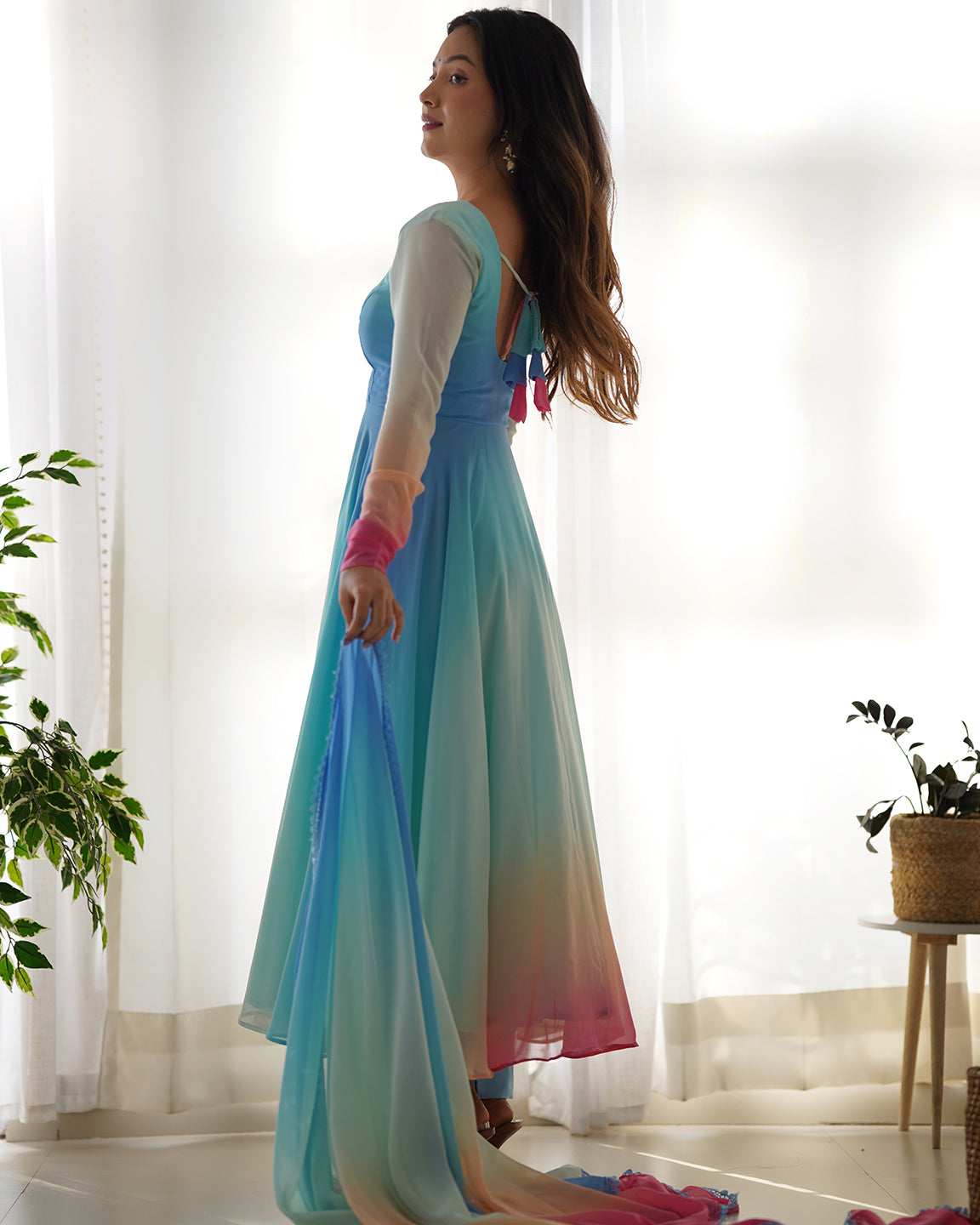 Evanik Sky Blue Pure Soft Georgette Padding Fabric Fully Flair Anarkali Pant With Dupatta Set