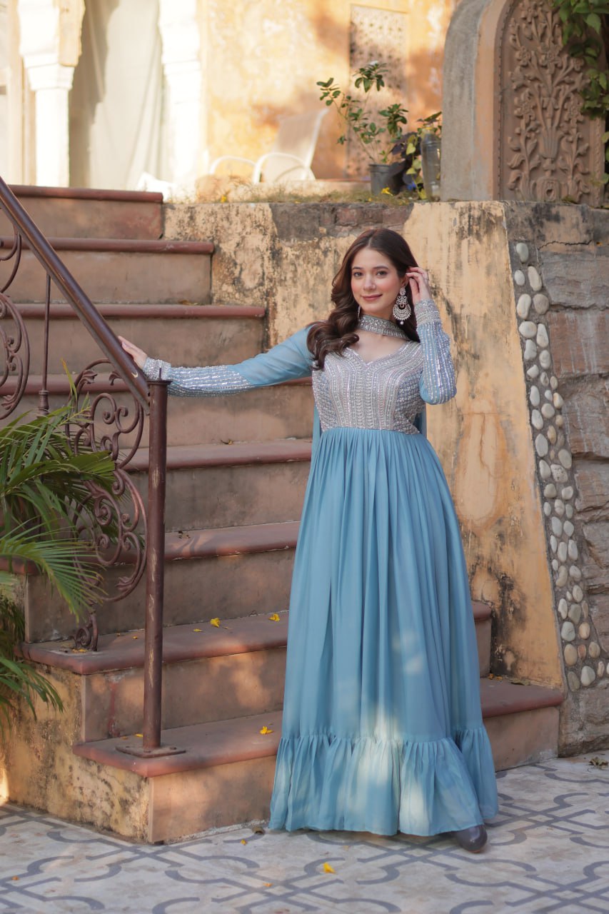 Evanik Sky Blue Star Georgette with Embroidery Beads Sequins-work Gown With Dupatta