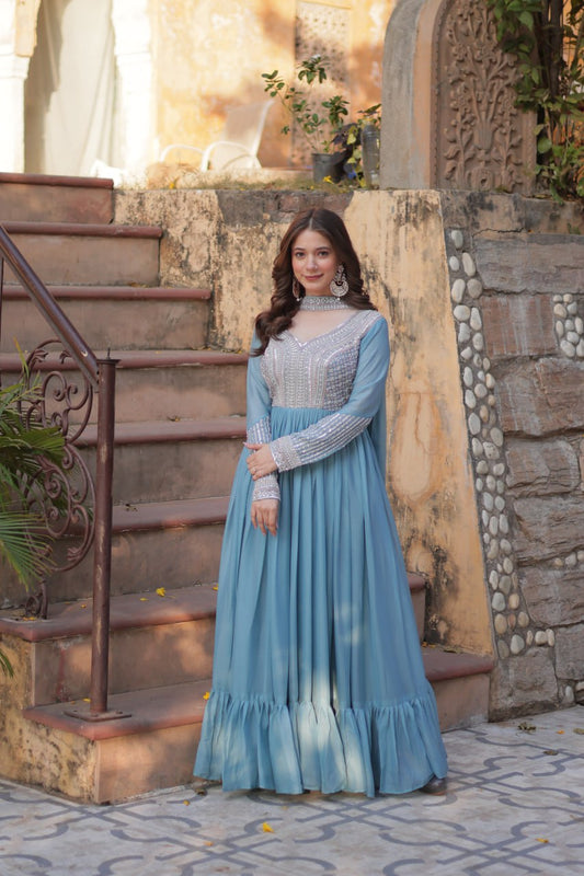 Evanik Sky Blue Star Georgette with Embroidery Beads Sequins-work Gown With Dupatta