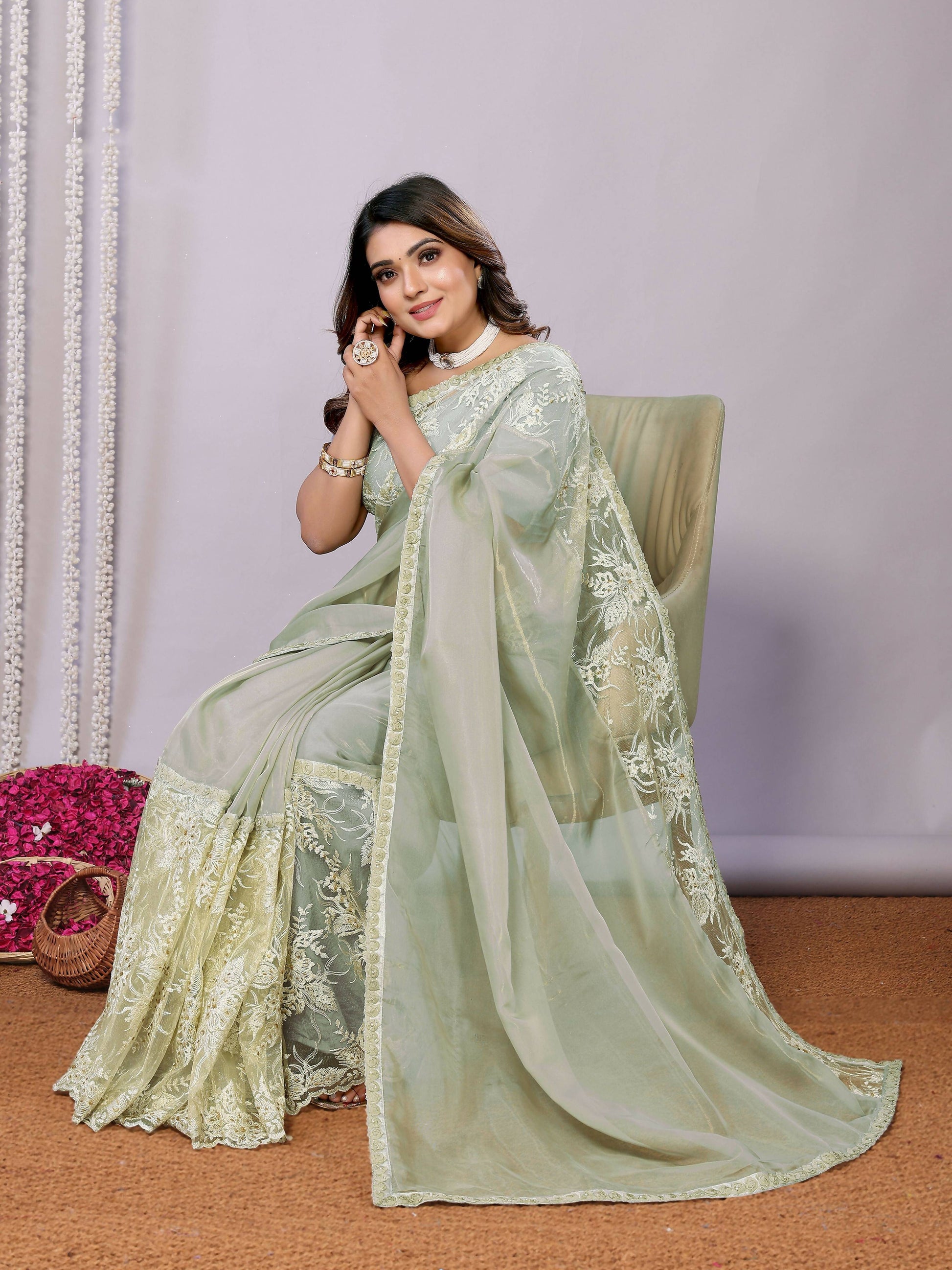 Green Glass Tissue,Net Embroidered Saree With Stitched Blouse - Nimaya Kaksha