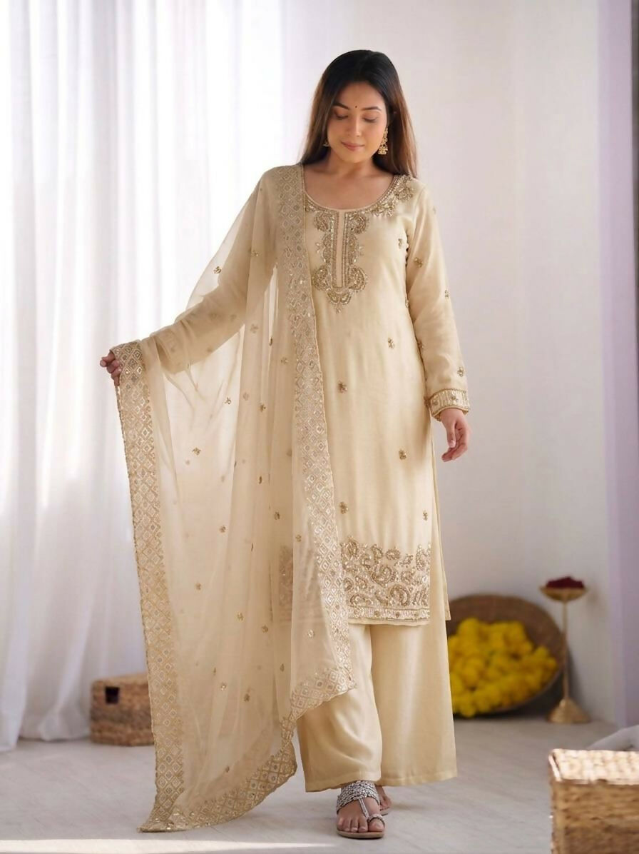 Teeya Creation Womens New Trendy Stylish Embroidery Beads Work Palazzo Kurta Set -Cream