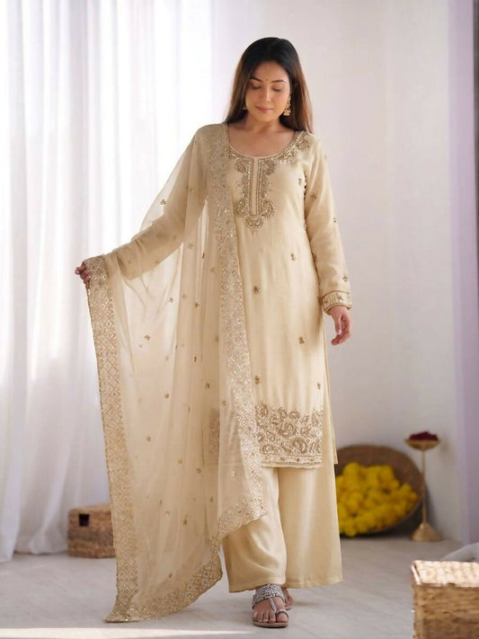Teeya Creation Womens New Trendy Stylish Embroidery Beads Work Palazzo Kurta Set -Cream