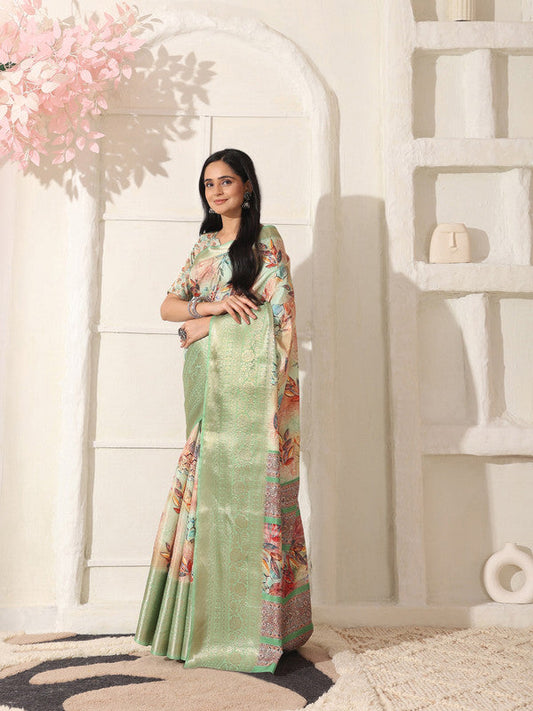 Shivam Fabrics Green Lichi Patta Fabric Printed Saree