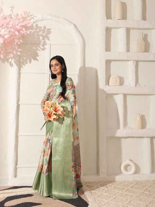 Shivam Fabrics Green Lichi Patta Fabric Printed Saree