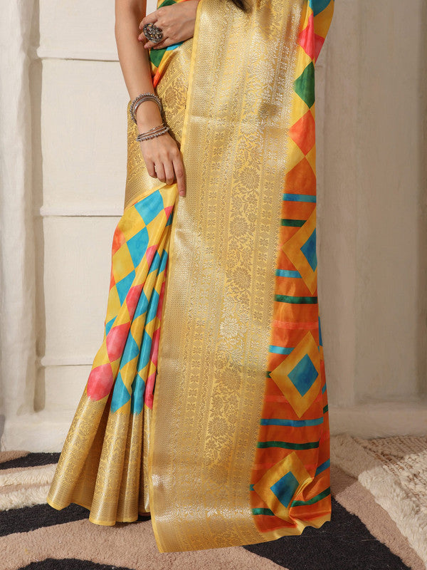 Shivam Fabrics Yellow Lichi Patta Fabric Printed Saree