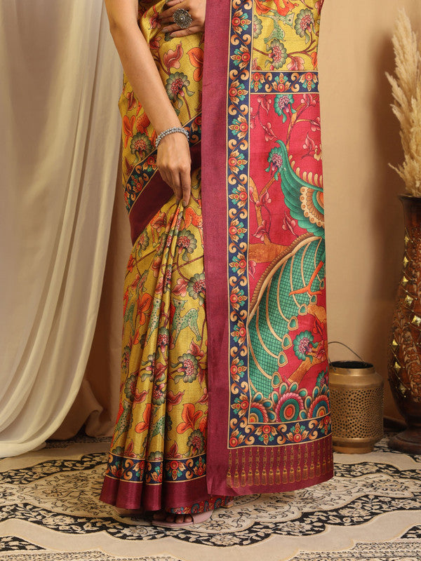 Shivam Fabrics Yellow Tussar Silk Fabric Printed Saree