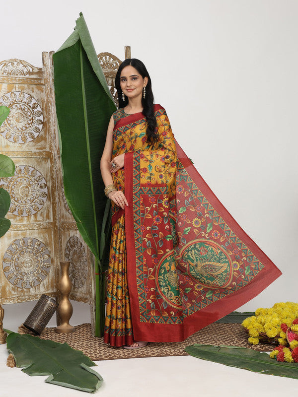 Shivam Fabrics Mustard Tussar Silk Fabric Printed Saree