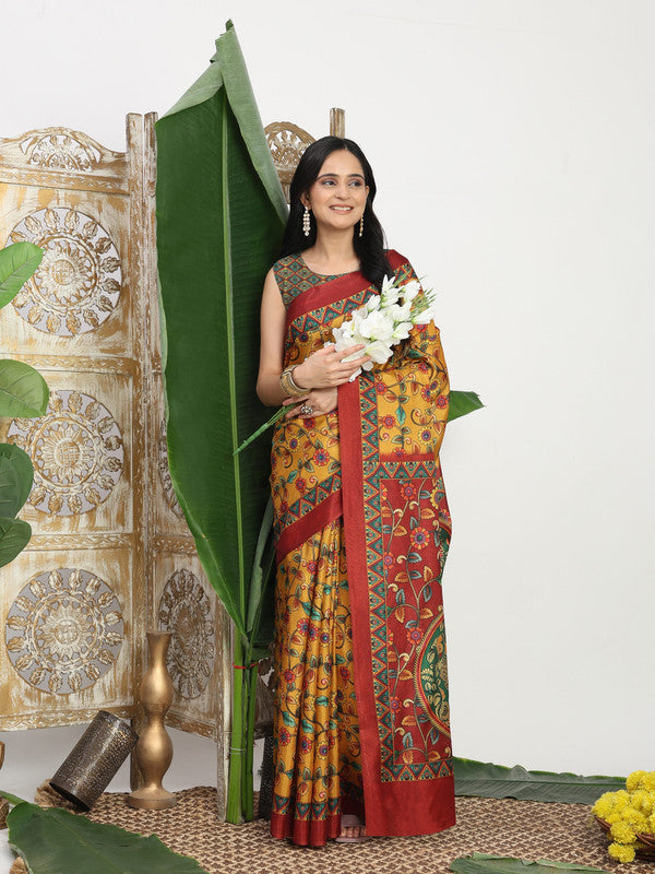 Shivam Fabrics Mustard Tussar Silk Fabric Printed Saree