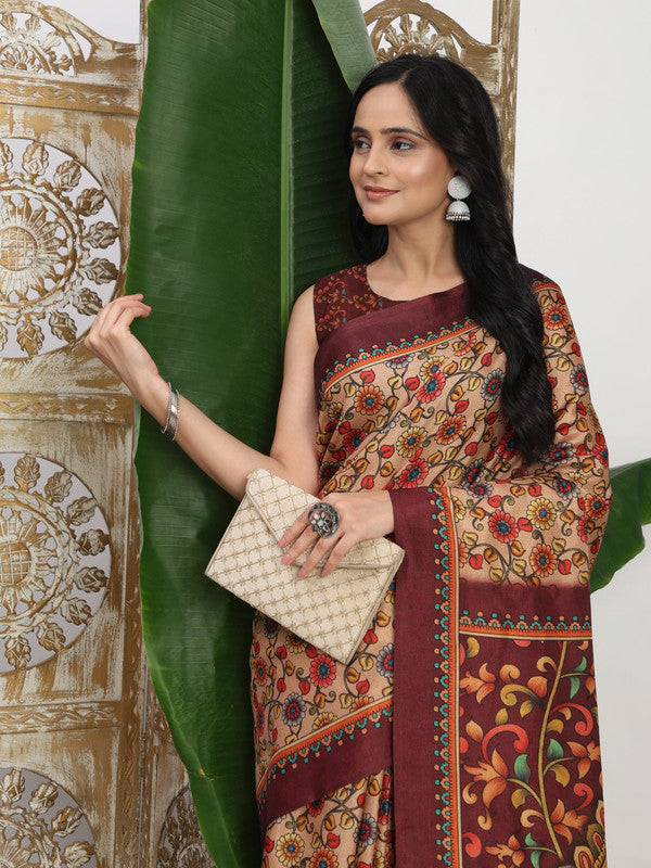 Shivam Fabrics Beige Tussar Silk Fabric Printed Saree