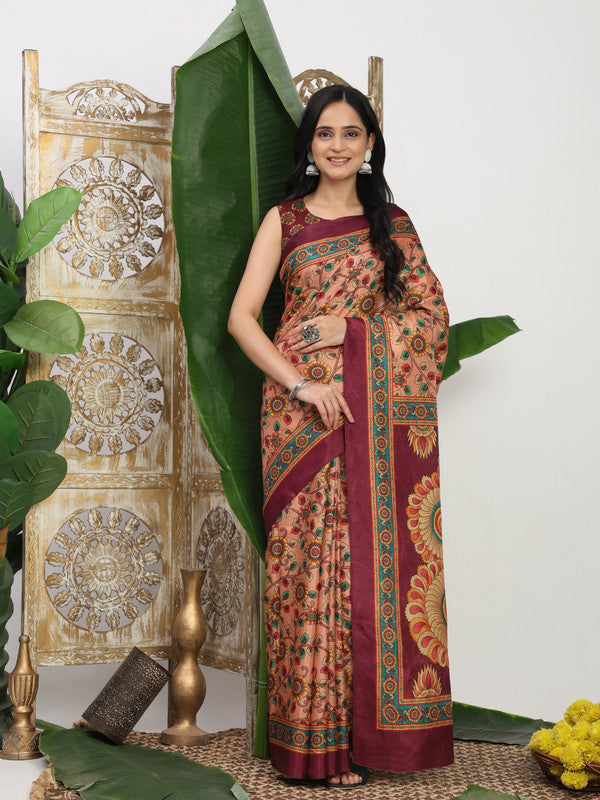 Shivam Fabrics Pink Tussar Silk Fabric Printed Saree