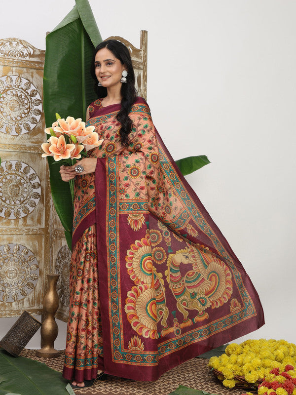 Shivam Fabrics Pink Tussar Silk Fabric Printed Saree