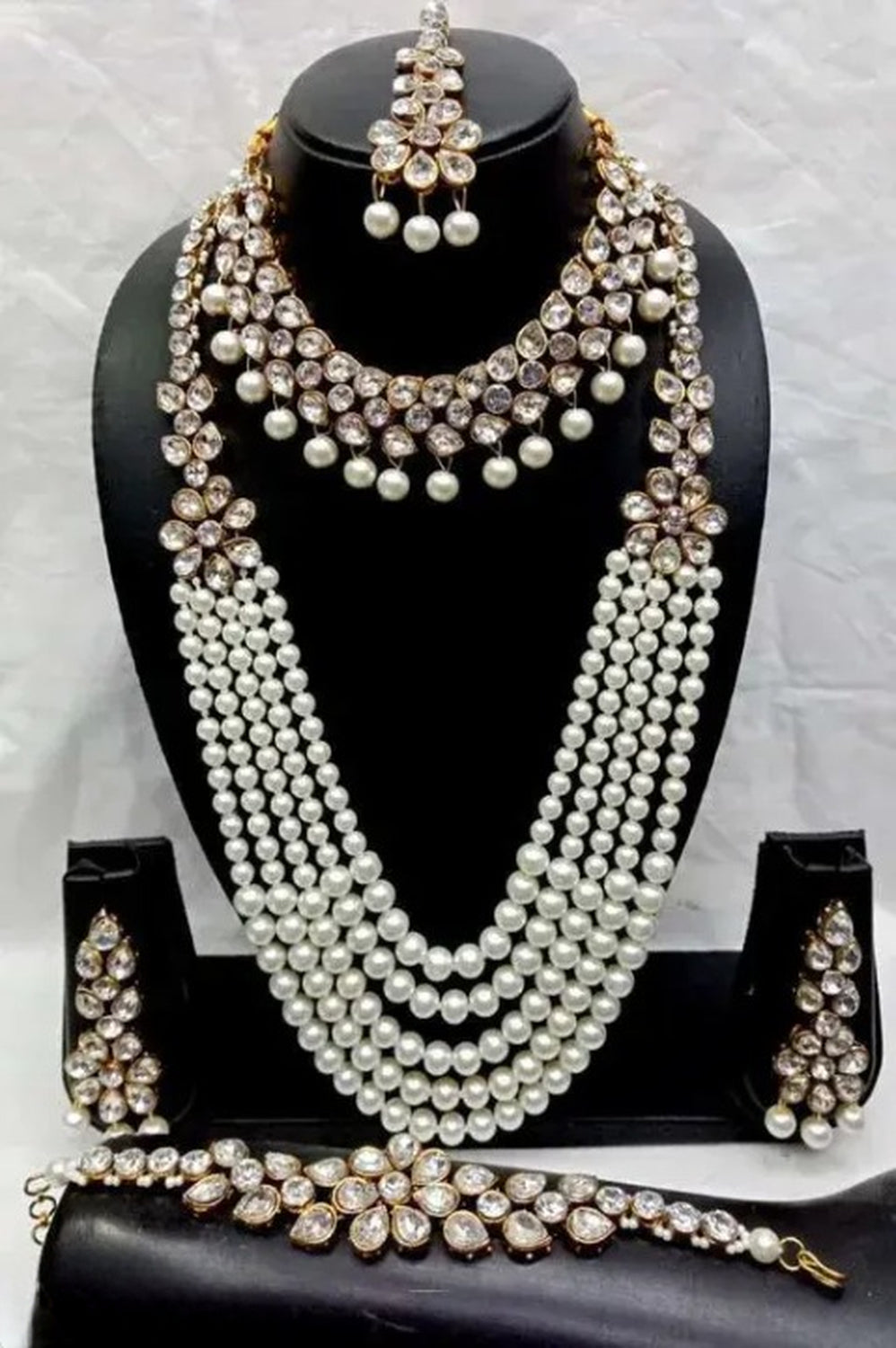 Jewel City Luxury Pearl and Crystal Bridal Jewelry Set - Traditional Indian Wedding Necklace Set with Earrings, Tikka, and Bracelet | Grab2Buy