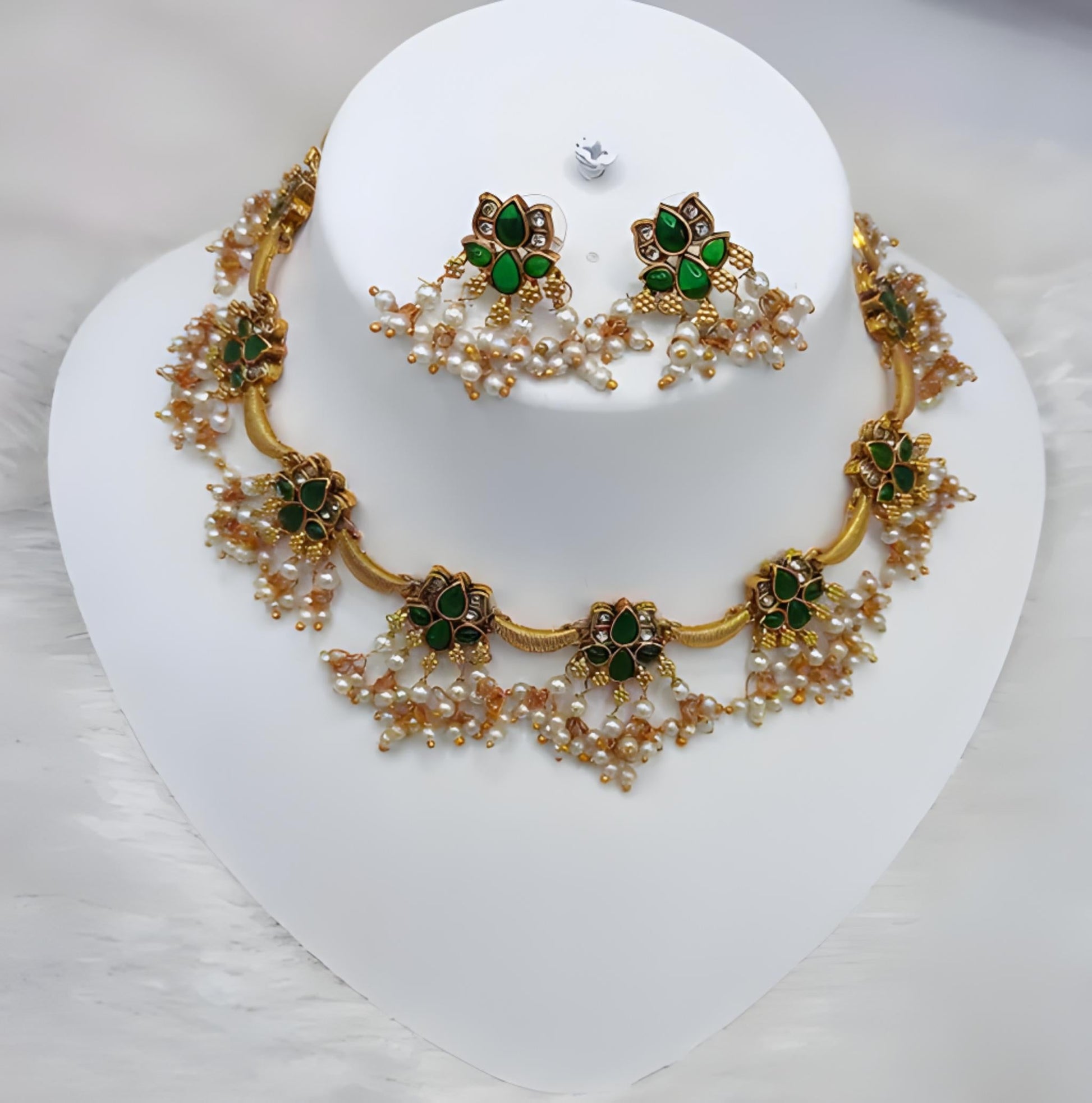 Jewel City Delicate Pearl and Green Necklace Set - Antique Gold Floral Design with Matching Earrings | Grab2Buy