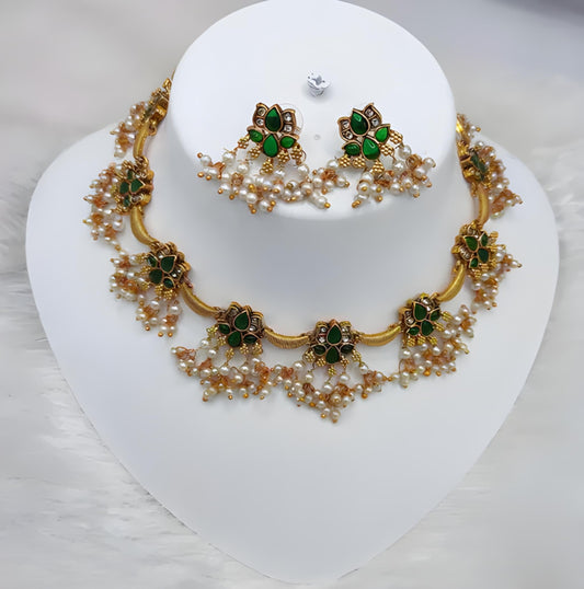 Jewel City Delicate Pearl and Green Necklace Set - Antique Gold Floral Design with Matching Earrings | Grab2Buy
