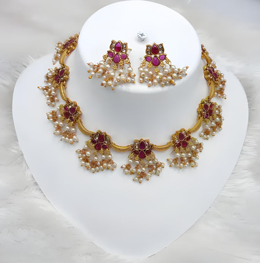 Jewel City Delicate Pearl and Red Necklace Set - Antique Gold Floral Design with Matching Earrings 