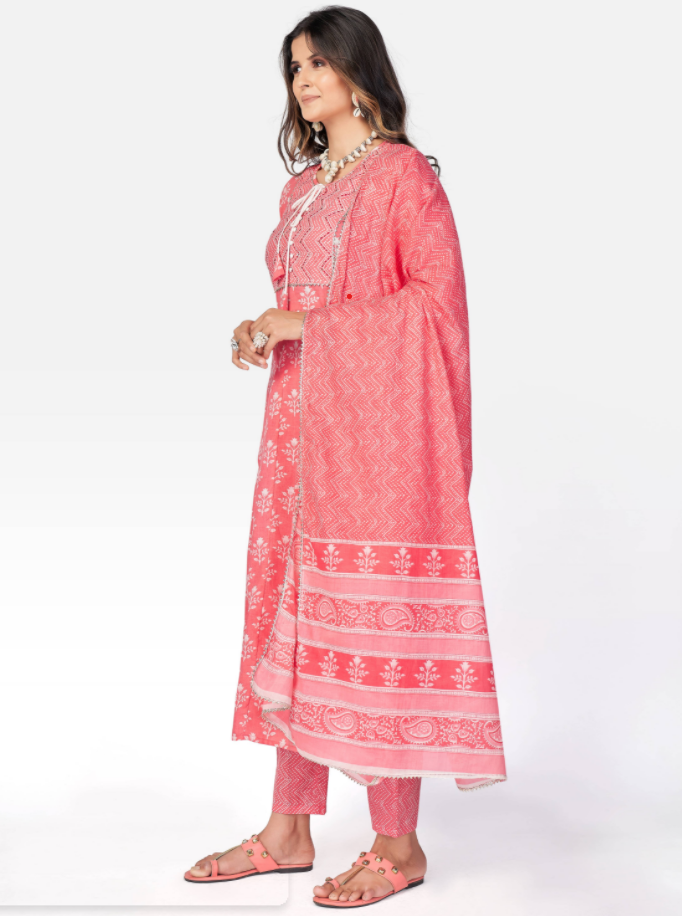 NOZ2TOZ Women Pink Anarkali Cotton Kurta With Pant & Dupatta (3pcs Set) 