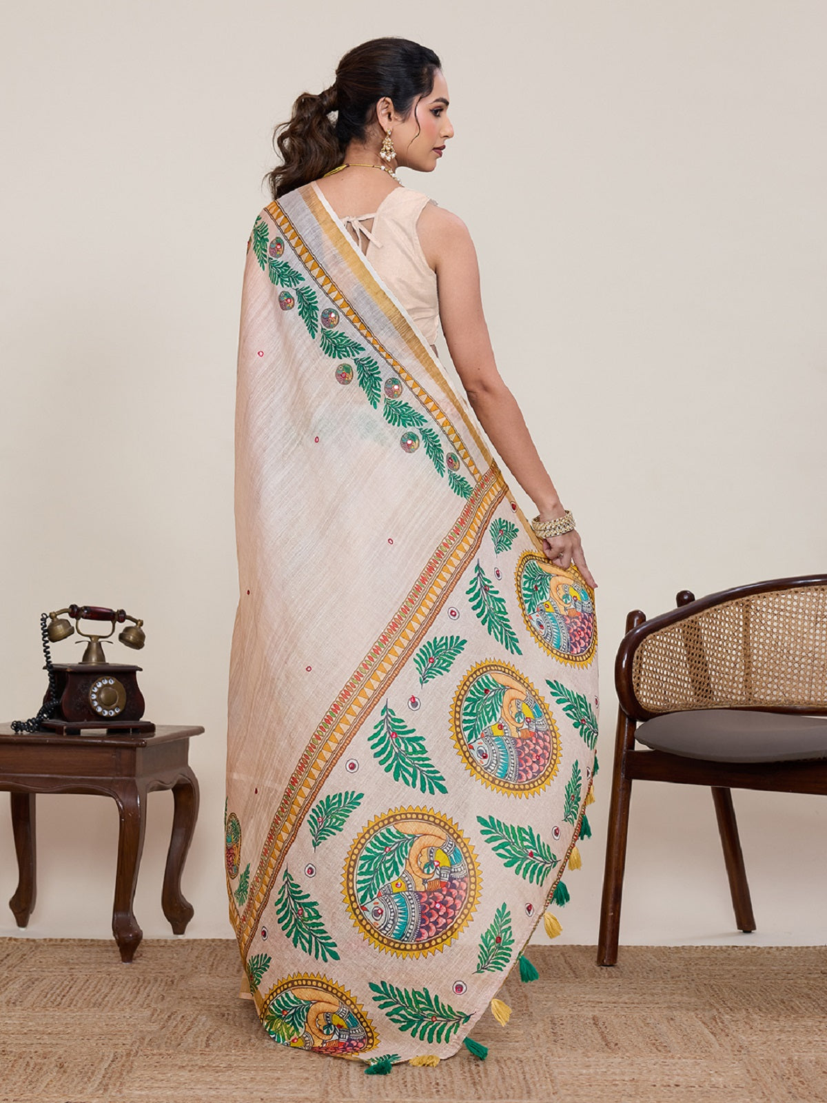 Dwija Fashion Ivory Casual Wear Linen Saree Mirror Work With Unstitched Blouse