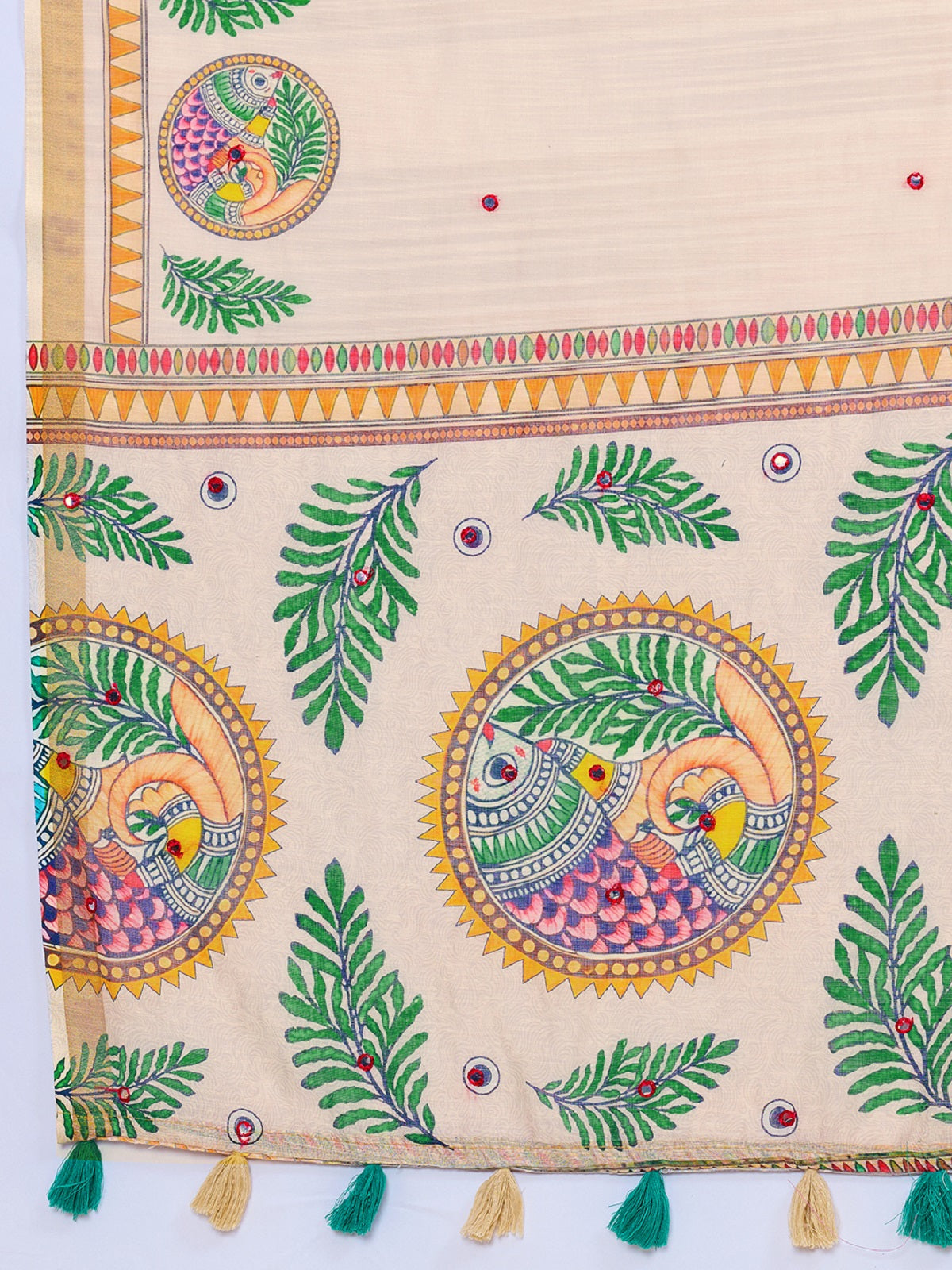 Dwija Fashion Ivory Casual Wear Linen Saree Mirror Work With Unstitched Blouse