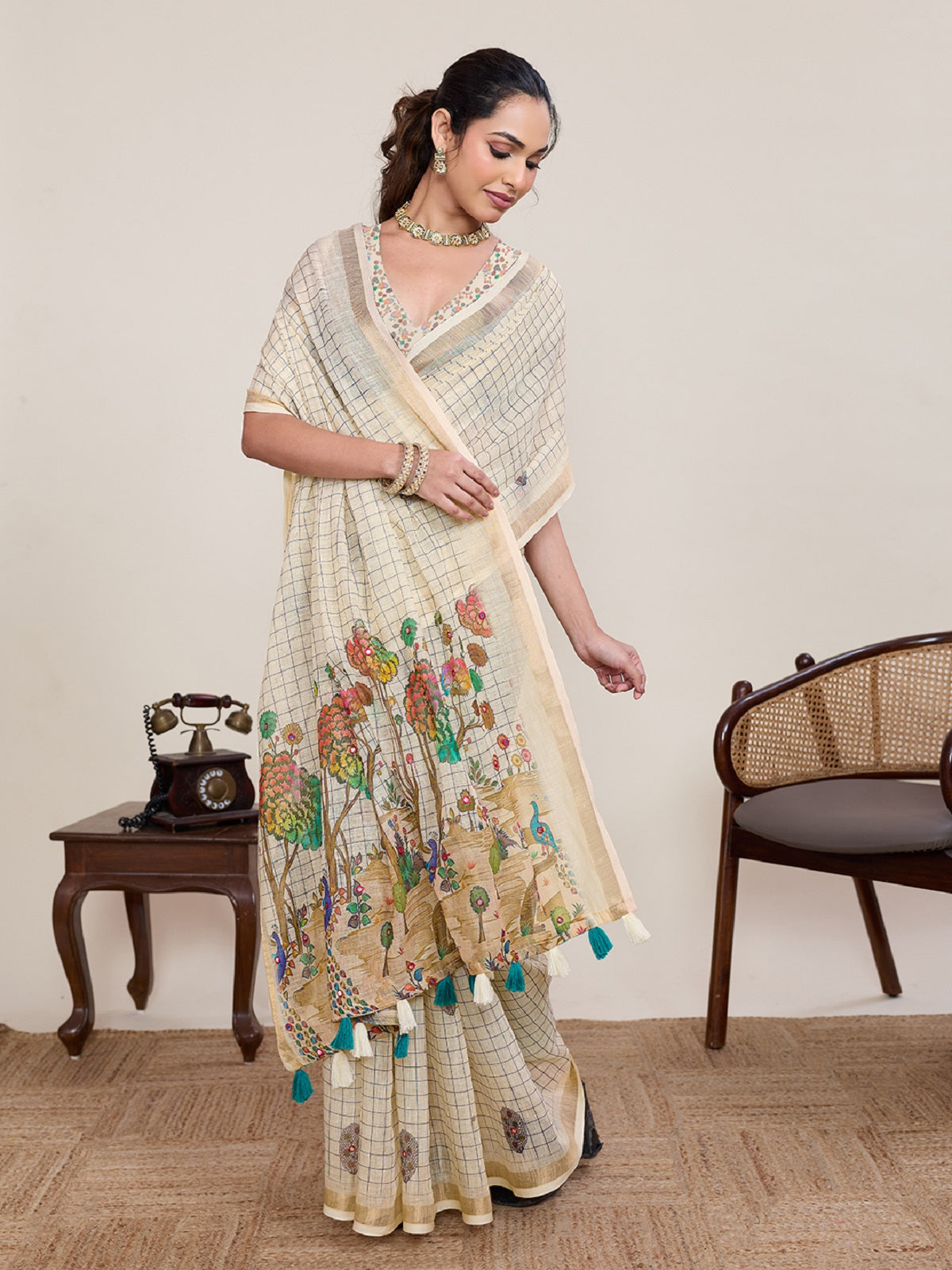 Dwija Fashion Ivory Casual Wear Linen Saree Mirror Work With Unstitched Blouse