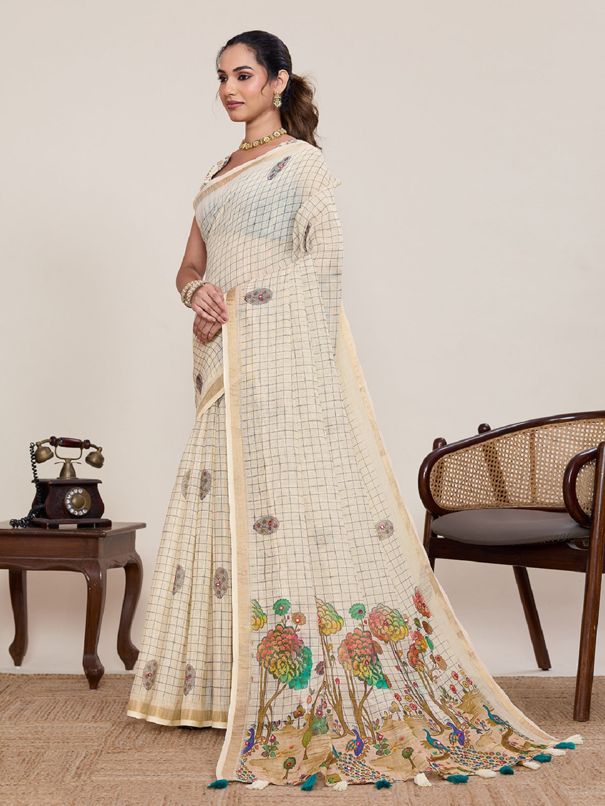 Dwija Fashion Ivory Casual Wear Linen Saree Mirror Work With Unstitched Blouse