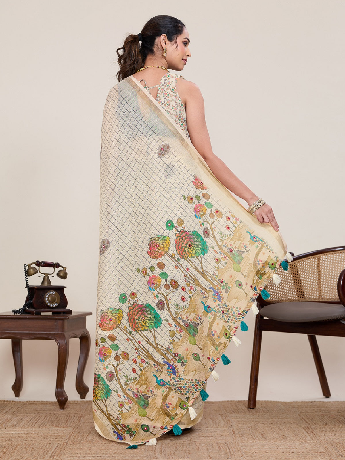 Dwija Fashion Ivory Casual Wear Linen Saree Mirror Work With Unstitched Blouse