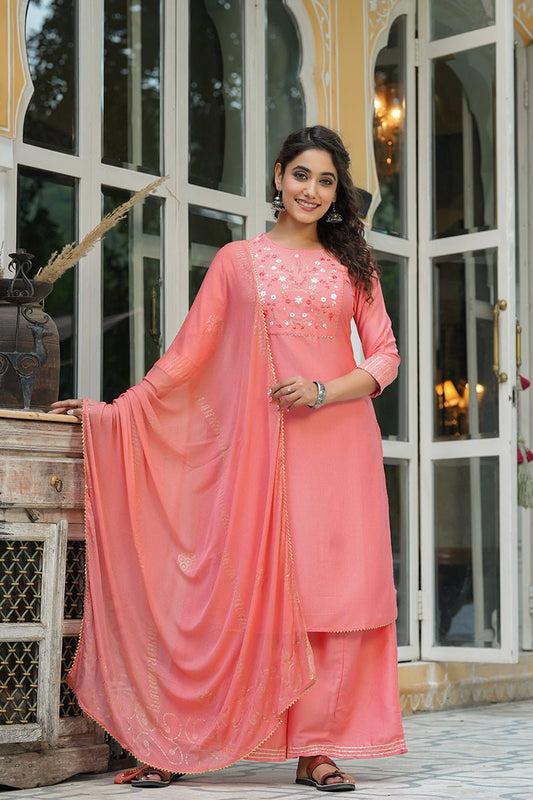 Ahika Peach Cotton Yoke Design Suit Set