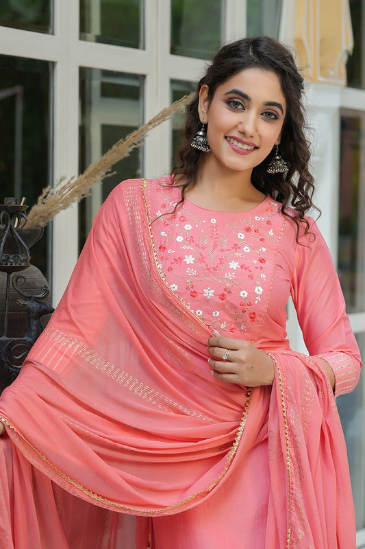 Ahika Peach Cotton Yoke Design Suit Set