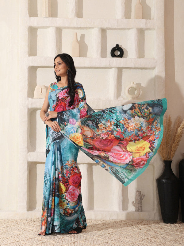 Shivam Fabrics Sky Blue Turkey Fabric Printed Saree