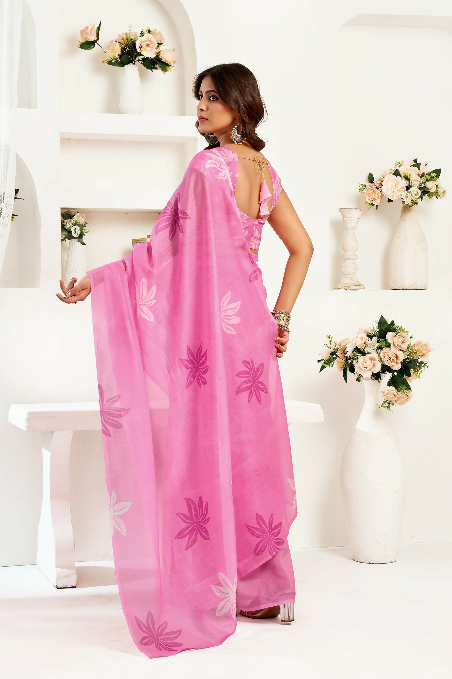 Joban Fashion Pink Floral Linen Ready To Wear Saree With Unstitched Blouse