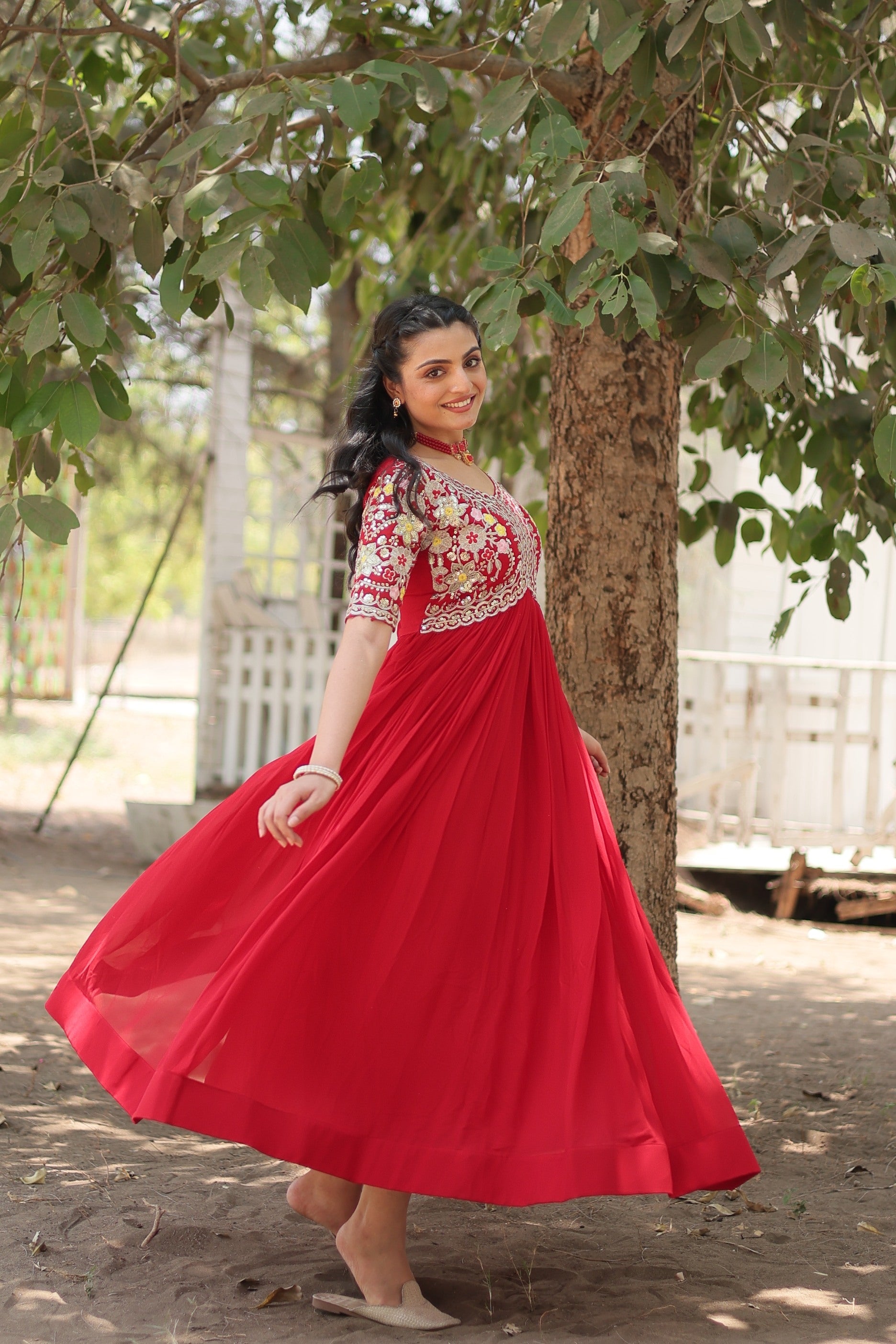 Sonakshi Women's Red Faux Blooming Sequins with Zari Embroidered Long Anarkali Dress