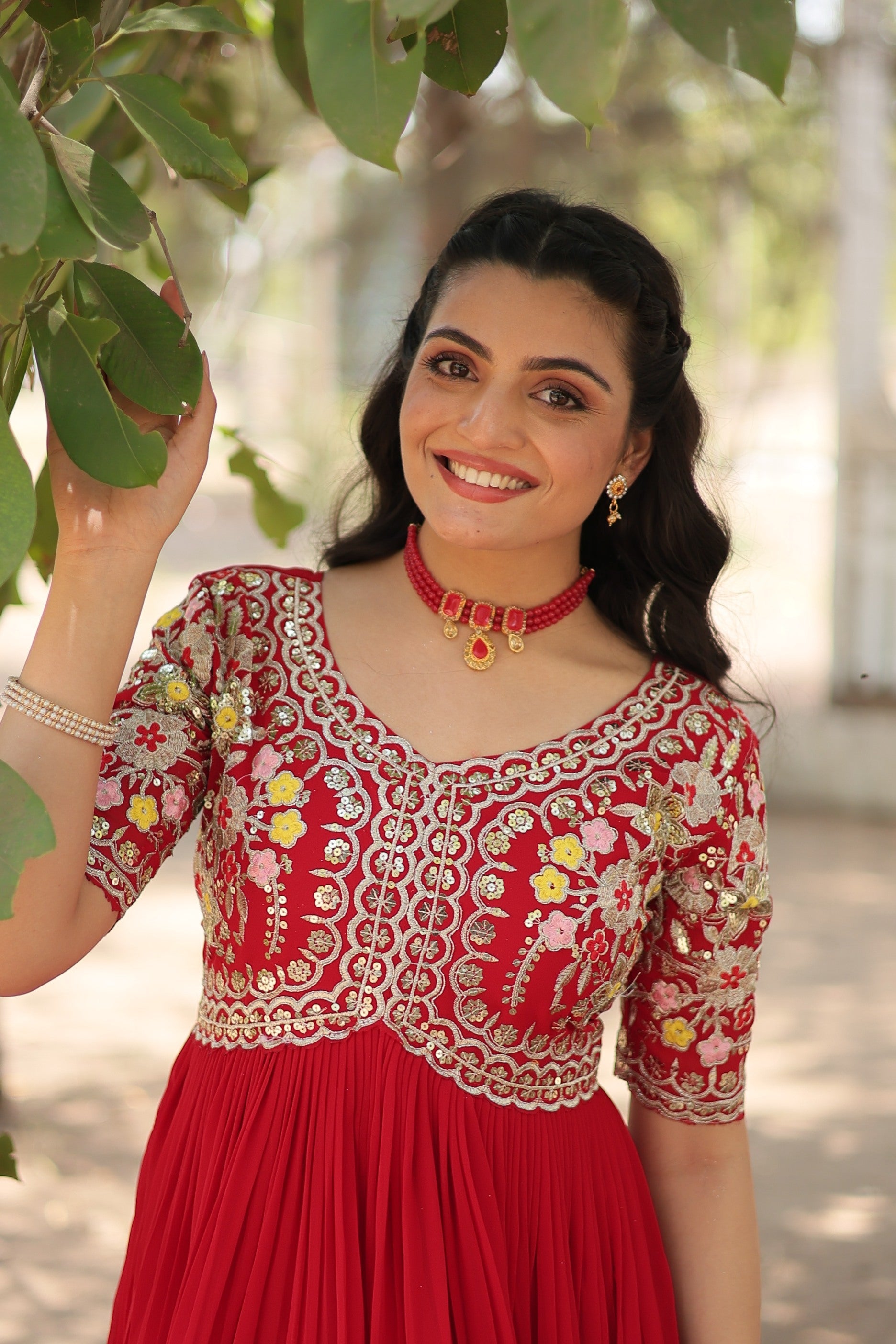 Sonakshi Women's Red Faux Blooming Sequins with Zari Embroidered Long Anarkali Dress