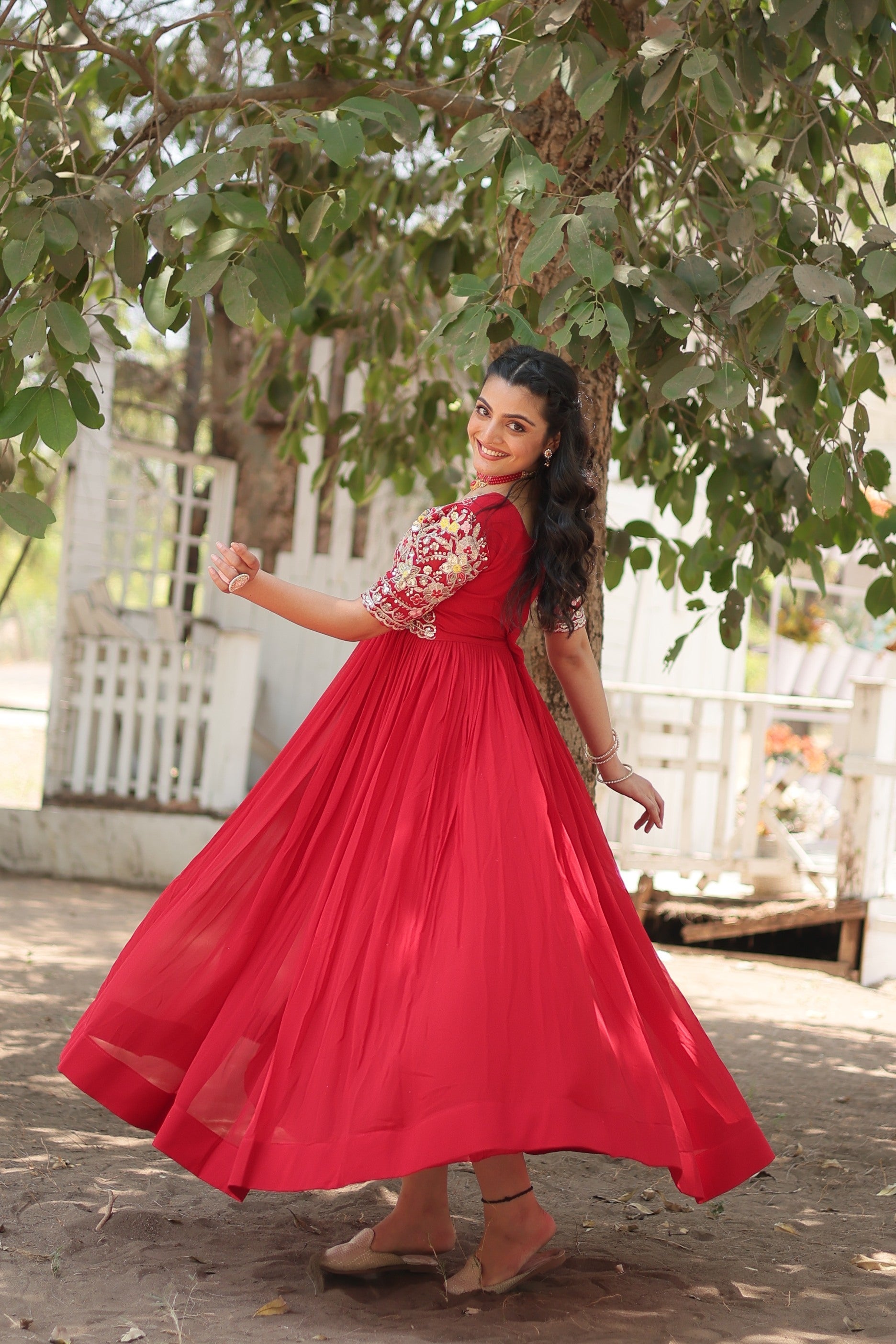 Sonakshi Women's Red Faux Blooming Sequins with Zari Embroidered Long Anarkali Dress