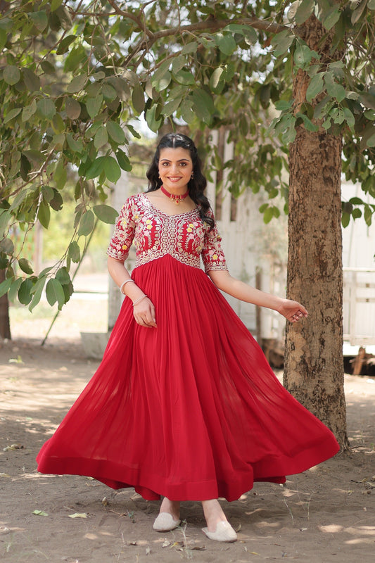 Sonakshi Women's Red Faux Blooming Sequins with Zari Embroidered Long Anarkali Dress