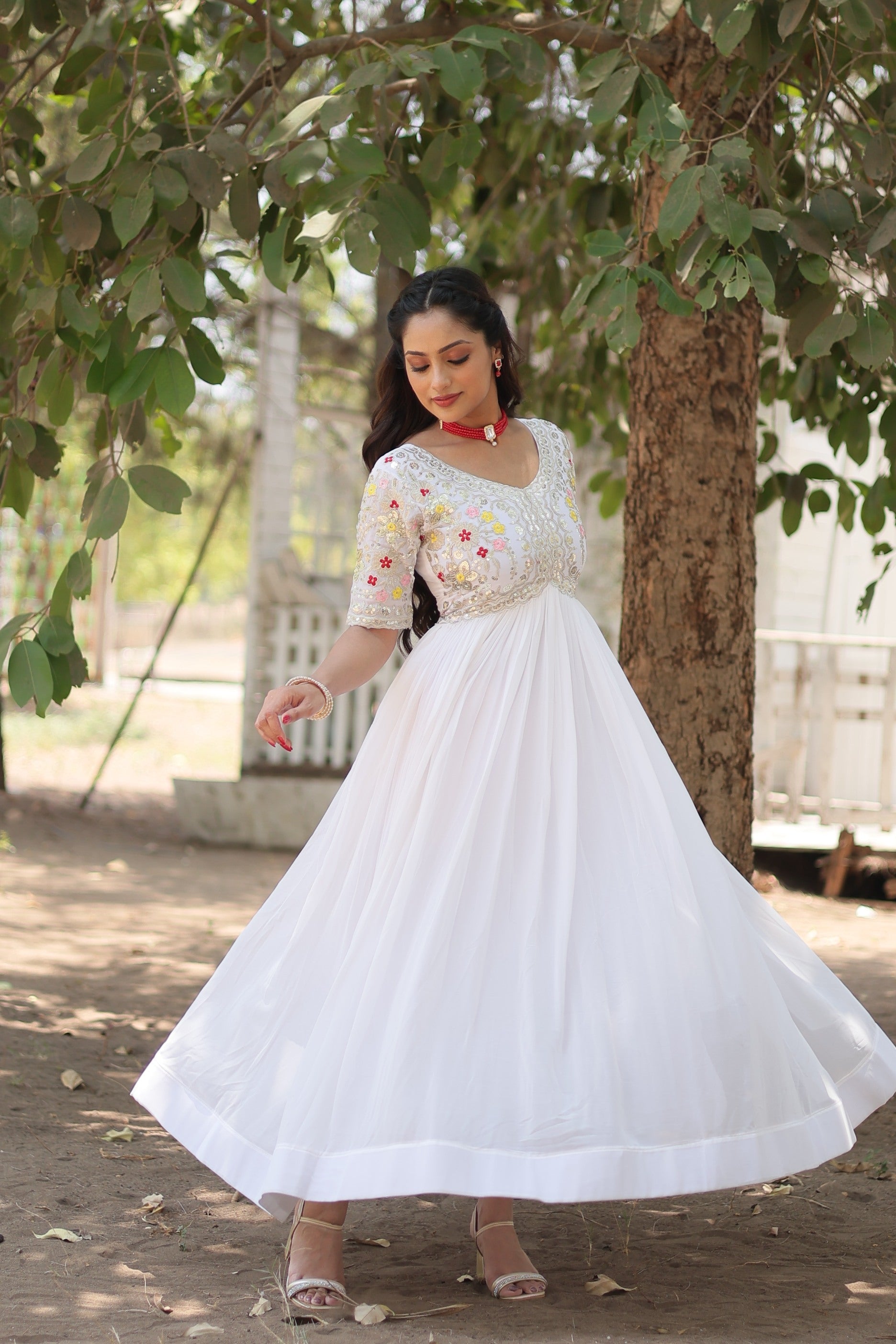 Sonakshi Women's White Faux Blooming Sequins with Zari Embroidered Long Anarkali Dress