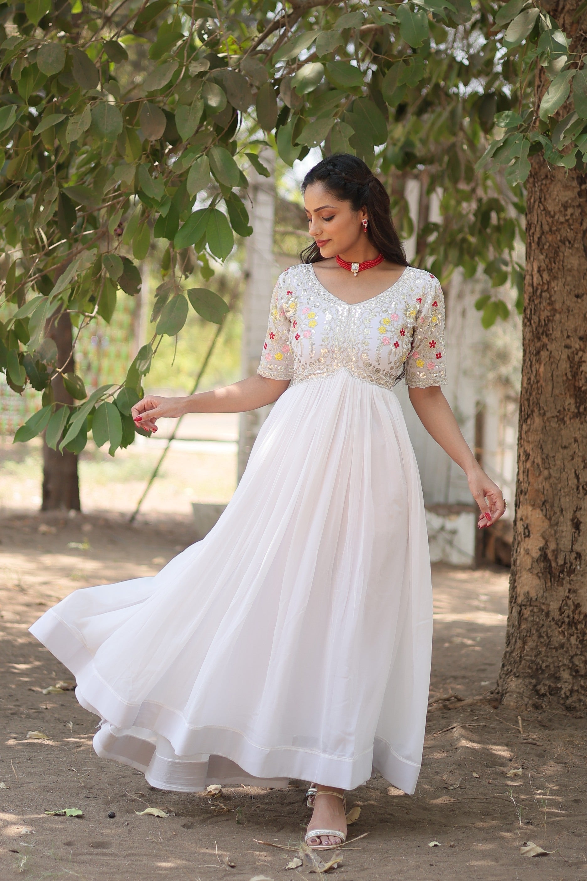 Sonakshi Women's White Faux Blooming Sequins with Zari Embroidered Long Anarkali Dress