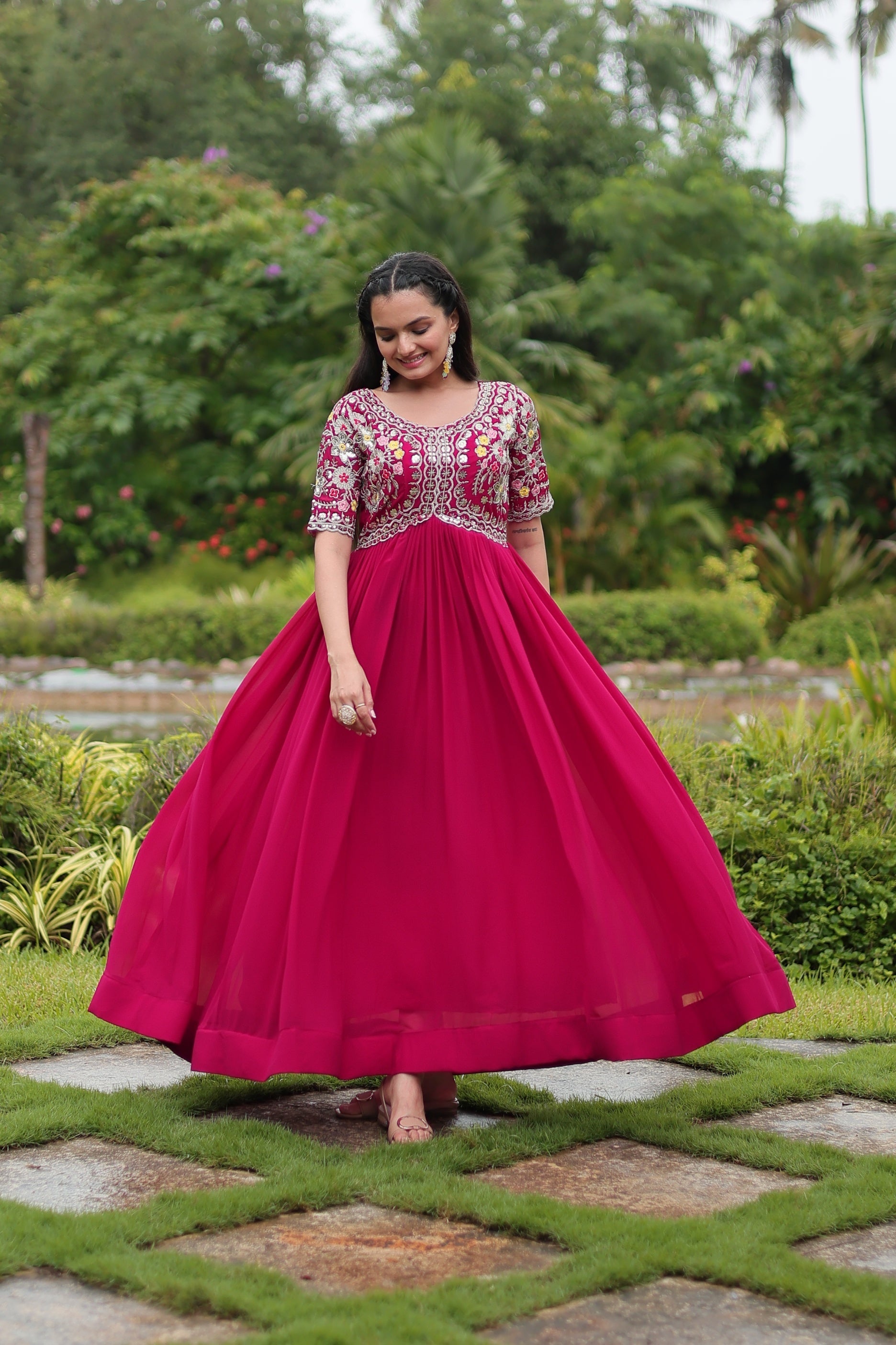 Sonakshi Women's Rani Pink Faux Blooming Sequins with Zari Embroidered Long Anarkali Dress