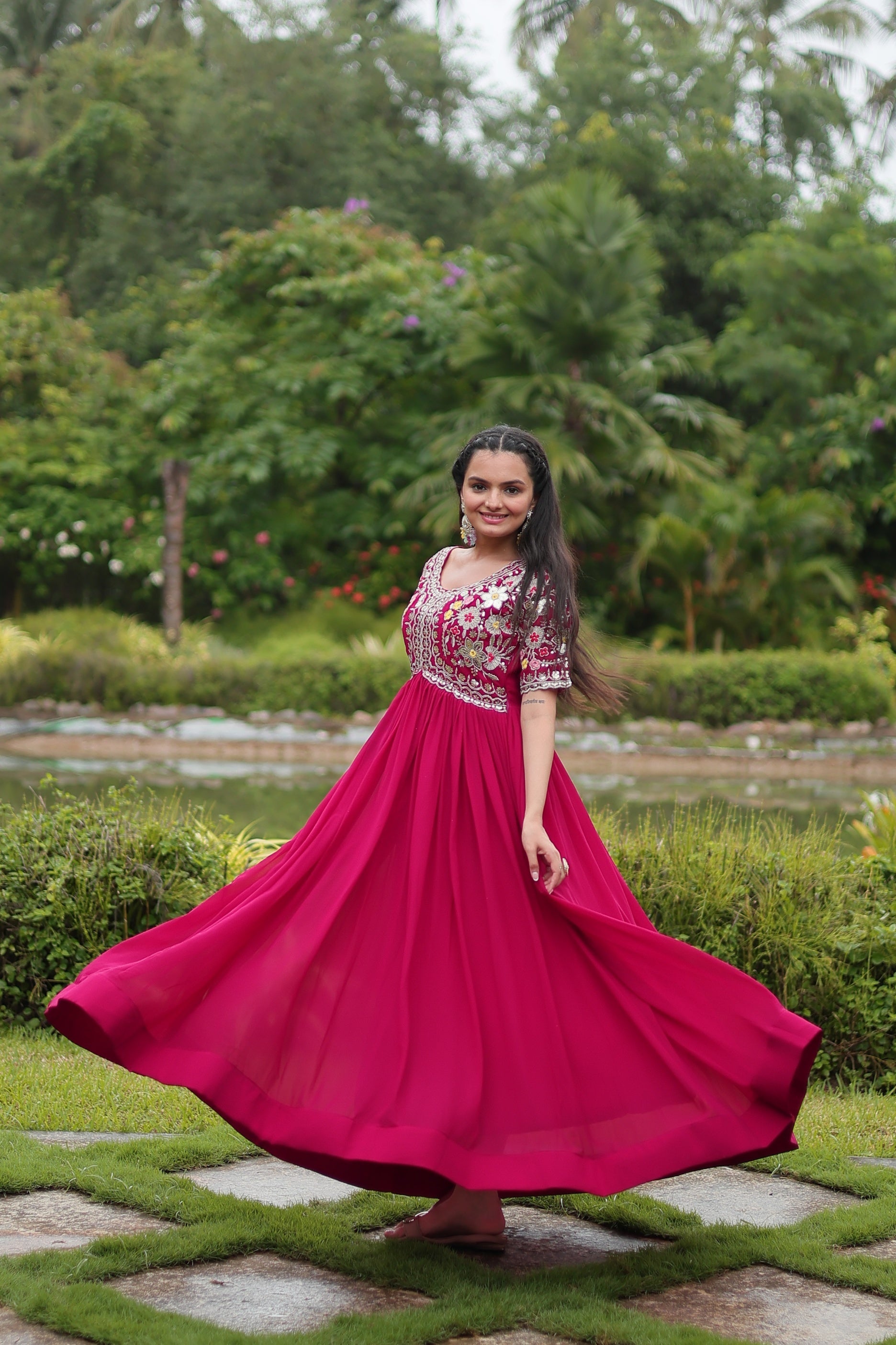 Sonakshi Women's Rani Pink Faux Blooming Sequins with Zari Embroidered Long Anarkali Dress